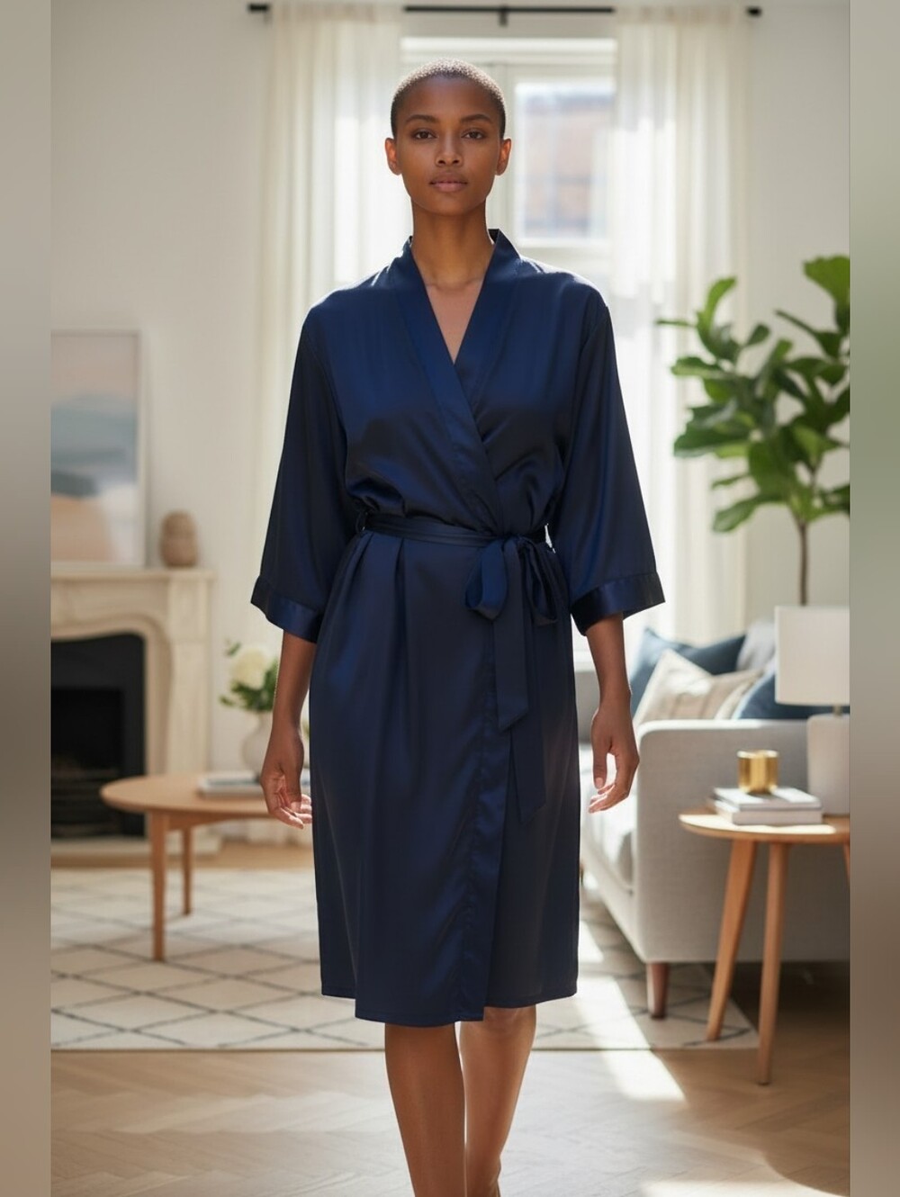 Satin Wrap Robe Black With Deep Navy Trim Kimono Wrap Robe With Tie Misses 2XL